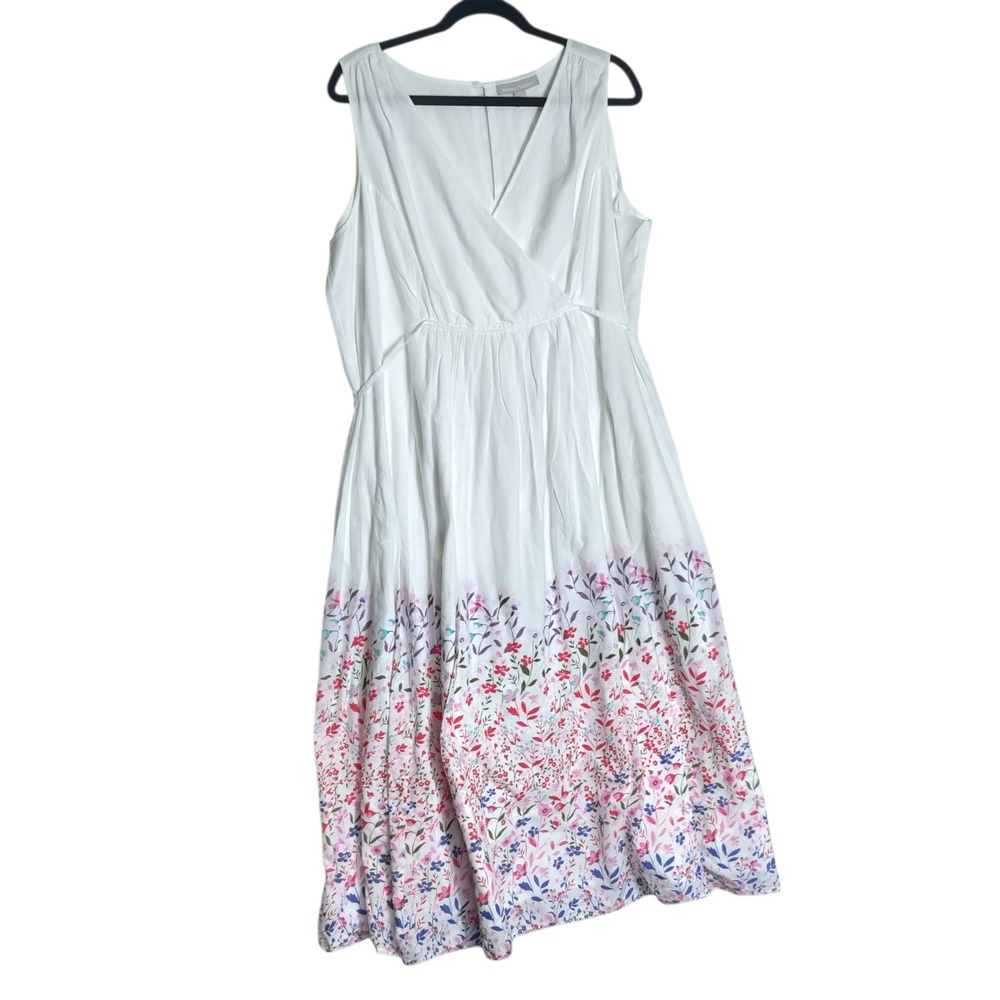 Woman Within White Floral Border Print Cotton Midi Dress 22W Sleeveless Surplice